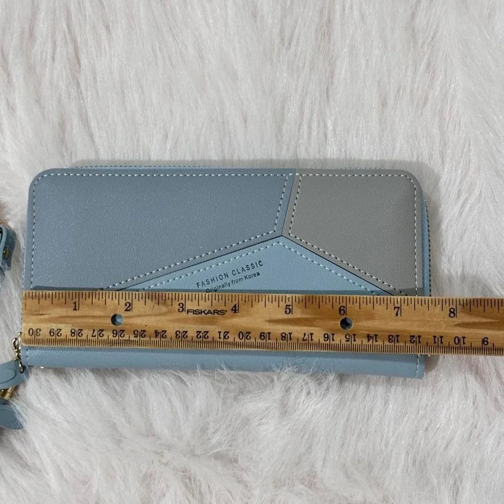 Dusty Blue Geometric Colorblock Zip-Around Wristlet Wallet